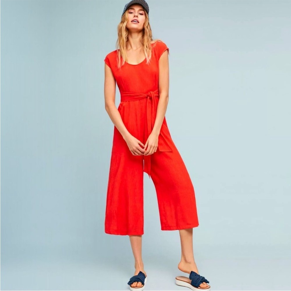 ANTHROPOLOGIE Jumpsuit Womens XS Red Orange Wide Leg Cropped Belted Boho Culotte